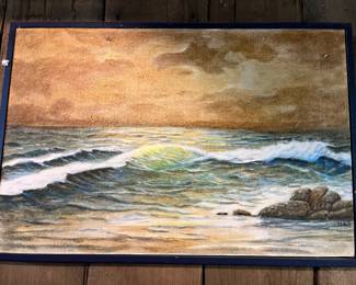 Framed oil on canvas, seascape, signed “M. Hall” (or similar) at lower right-hand corner.