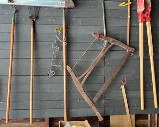Yard and garden tools, including some vintage/primitive.