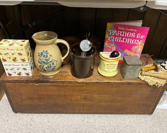 Antique wood chest; large selection of vintage stoneware, pottery, kitchen/cooking accessories.