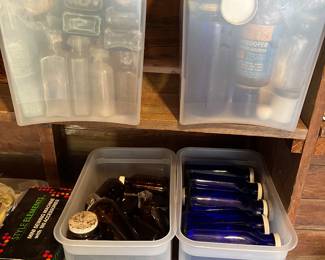 Vintage cobalt blue glass bottles; apothecary/pharmacy jars.