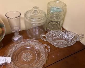 Large selection of antique/vintage glass, including this vintage three-tier candy dish set (back of photo against corner).