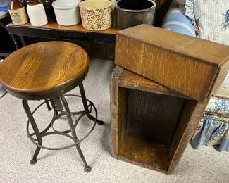 Vintage industrial stool and wood boxes.