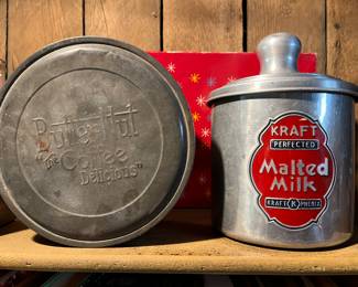 Vintage Butter-Nut Coffee tin (left in photo); vintage Kraft Malted Milk tin.