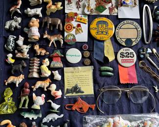 Hundreds of vintage “smalls”/collectibles, including miniature animal figurines, buttons/pins, and more.