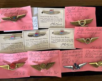Vintage pilot and stewardess air wings from United, Northwest, Delta, and other airlines.
