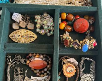 Excellent selection of vintage jewelry, including many unusual pieces, sterling silver, signed/designer costume, and more.