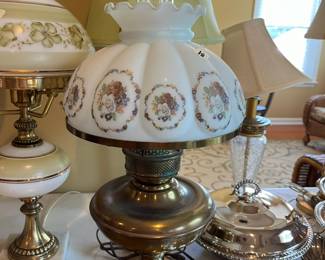 #18	Vintage milk glass Floral hurricane table lamp. Brass base. 21"	 $ 100.00 																							