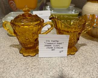 #72	Vintage Fenton "Cabbage Rose" Amber Glass Cream + Sugar Set	 $ 18.00 																							