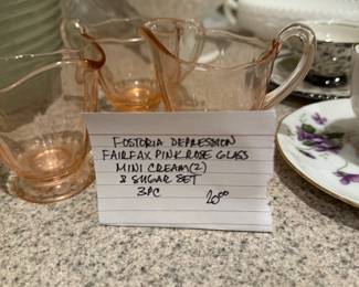 #68	Fostoria Depression Fairfax Pink Rose Glass Mini Cream + Sugar set	 $ 20.00 																							