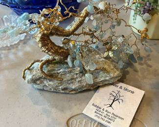 #48	VTG Artist Wire & Gems Sculpture Bonsai Tree w/ over 100 Aquamarine precious stones. 3.5"x6.5"x4"	 $ 40.00 																							