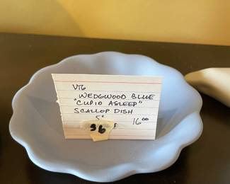 #110	Vintage Wedgewood Blue "Cupid Asleep" Scallop Dish 5"	 $ 12.00 																							