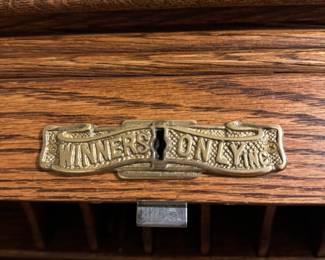 #87	"Winners Only Inc." Roll Top Oak Desk - w/side Mail. Slots, locking filing cabinet drawers. (*missing skeleton key to unlock top*) 13 drawers.	 $ 220.00 																							