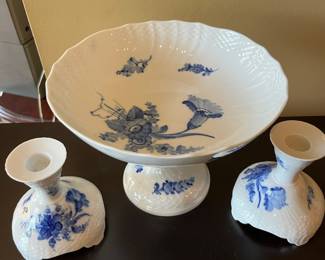 #30	MCM Royal Copenhagen 3 pc set, Blue/White. 10|1528 Blue Flower Compote. 6"Hx8.5". 10|1711 Blue braided flower footed candlestick holders. 4.25"H	 $ 75.00 																							