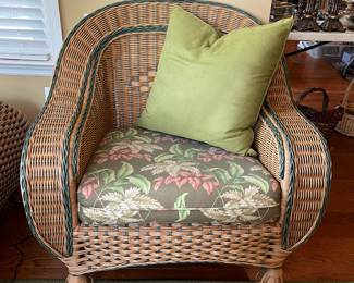#8	3 piece wicker outdoor furniture w/ tropical cushions and 3 additional pillows. 1 Loveseat, 1 seat, and 1 side table w/ glass top. Loveseat: 64"x22"x35". Single Seat: 35"x22"x34" Side Table:  24"x30"x20.5"	 $ 300.00 																							