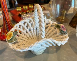 #49	VTG Italian Floral Twisted weaved Porcelain Basket. 8"x6.5"	 $ 16.00 																							