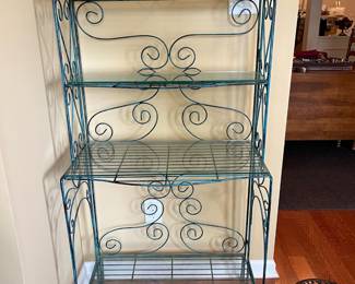 #6	Wrought Iron Bakers Rack, distressed blue w/ 4 Glass shelves. 28"x17"x61"	 $ 125.00 																							