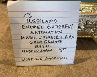 #97	Vintage Westland Enamel Butterfly Automation Music jewlery Box	 $ 75.00 																							