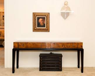 Wonderful Signed Hekman Burlwood Floating Top Console Table on Ebonized Frame with Ming Style Horse Hoof Legs, Art Deco Carved Alabaster Bust on Deco Style Lucite Shelf, and Oil on Canvas
