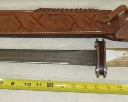 Large Damascus Steel Knife w/Stag Handle & Sheath