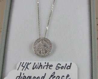 14K White Gold Diamond Peace Sign Necklace