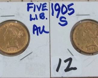1881 & 1905-S Gold $5.00 Coins
