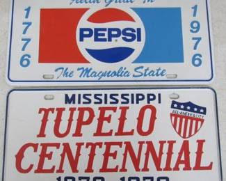 NOS 1976 Mississippi Pepsi Booster License Plate & 1970 Tupelo, Mississippi Centennial Booster License Plate