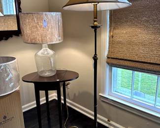 Brass floor lamp, seeded glass table lamp