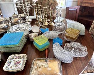 Pressed glass, cut glass, brass candle sticks,