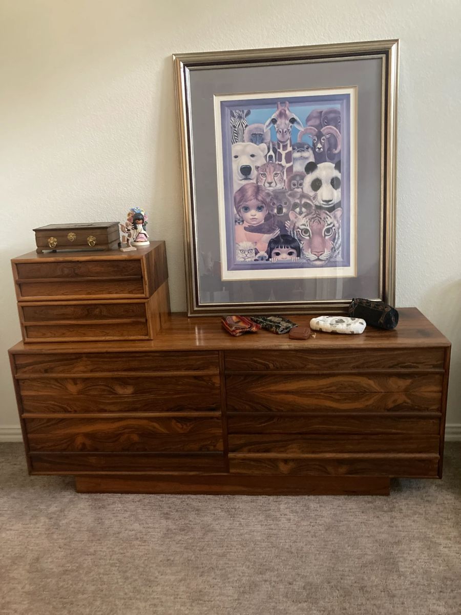 Mid Century Rosewood Dresser with two additional stackable drawers, Margaret Keane signed limited edition print