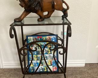 Iron magazine/book rack with glass top, Wood Lion