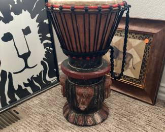 Wood Djembe Drum with lion heads