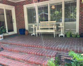 Porch bench, pots, tables