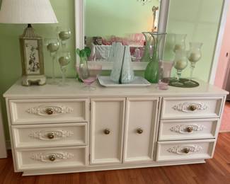 White dresser and glassware