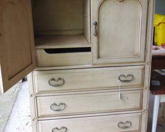 Painted wardrobe with 3 exterior drawers and interior, single drawer and storage.