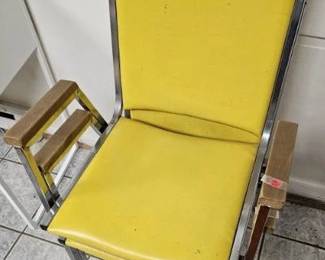 Vintage side chairs, metal frames, wood arms and upholstered covers {2 blue, 2 yellow and 2 orange}, (items sold separately).