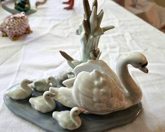 Lladro swan and cygnets (baby swans), porcelain figurine.