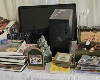 Books, book ends, Dell desk top PC, chess pieces, CDs (items sold separately.
