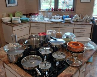 Oneida stainless flatware, Grand Gourmet cookware, Pyrex, Pier One, hand mixer, toaster, flatware, Lenox, pewter, Pampered Chef