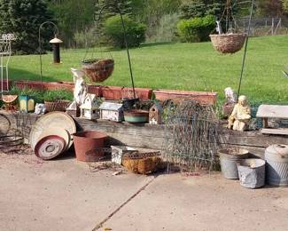 metal butterfly bench, shepherd hooks, bird houses, lawn art, planters, bird feeders