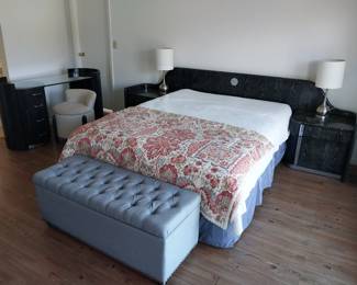 queen headboard and vanity, gray storage ottoman