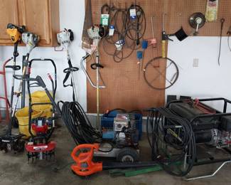 Master 7000W generator, Troy Bilt tiller, Stihl FS65 weed whips, 6hp power washer, lea blower, pond rakes, 