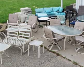 patio and deck furniture, picnic tables, gas grill