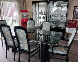 black lacquered dining table w/ 8 chairs, matching glass front china cabinets