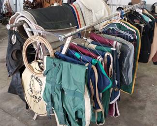 summer hoods and sheets, coolers, garment bags, bridal bags, lasso, English and western saddle pads, feed bag, Lariat and rope bag
