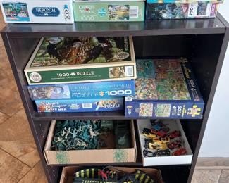 slot car track, army men, puzzles