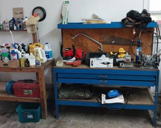 floor jack, work bench, Dewalt cordless saw, bench grinder, Shop vac, fuel cans, American Racing aluminum wheels