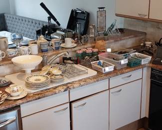 Pyrex, Pier One, hand mixer, toaster, flatware