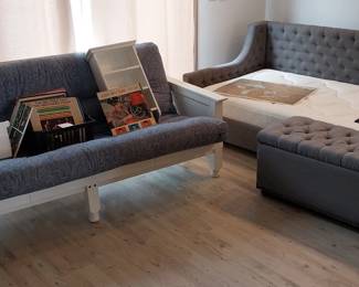 futon, day bed, storage ottoman, vinyl records