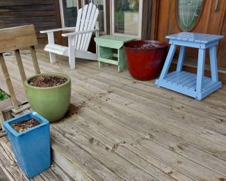 Adirondack chair, tables, planters
