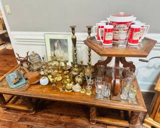 Vintage Budweiser Set, Brass Candlesticks, Beer Glasses, Coffee Table, et. al